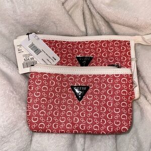 Red and White Guess Makeup Pouch Set.